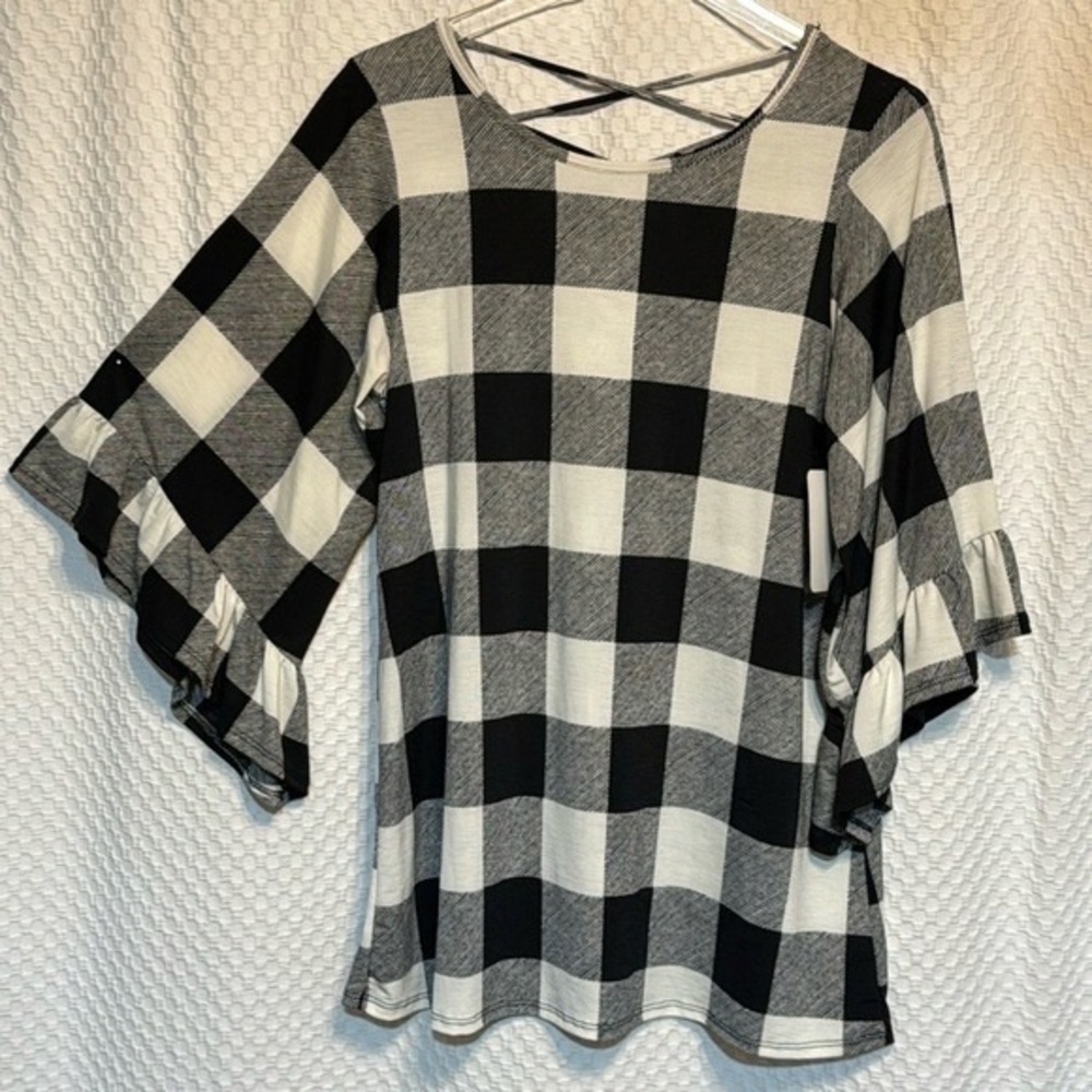 Black and White Buffalo Check Bell Sleeve Top